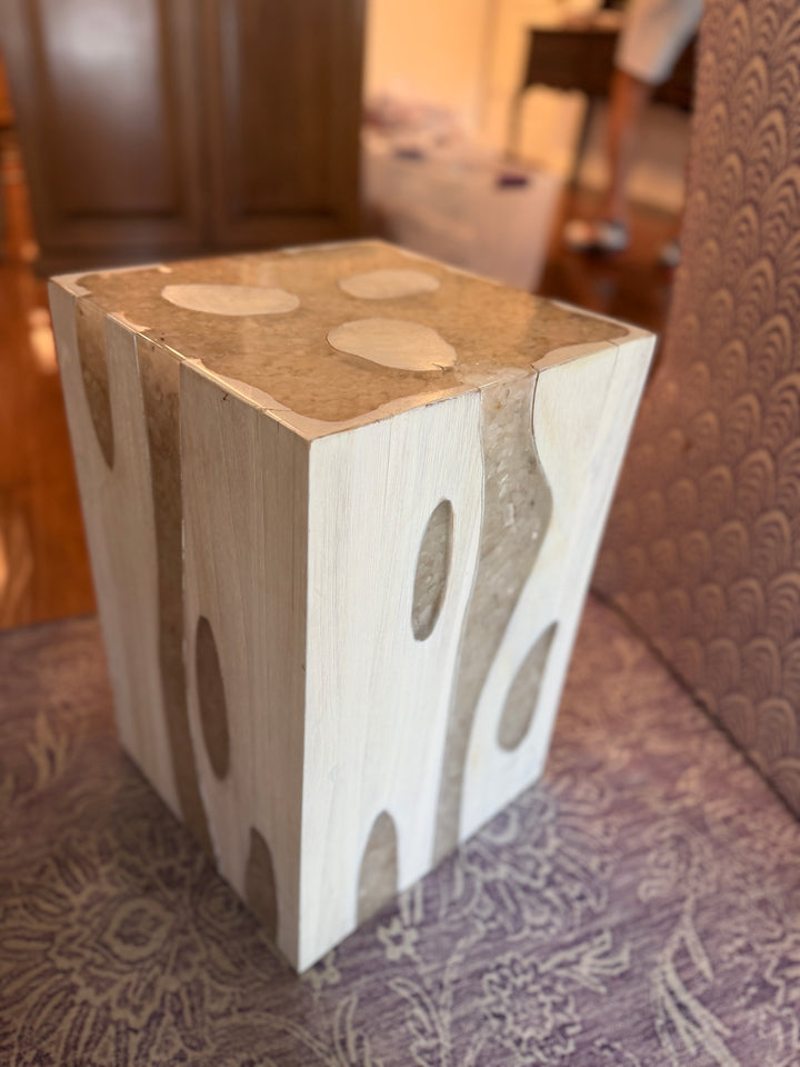 Whitewashed Wood Block Side Table or Pedestal with Oval Cutouts