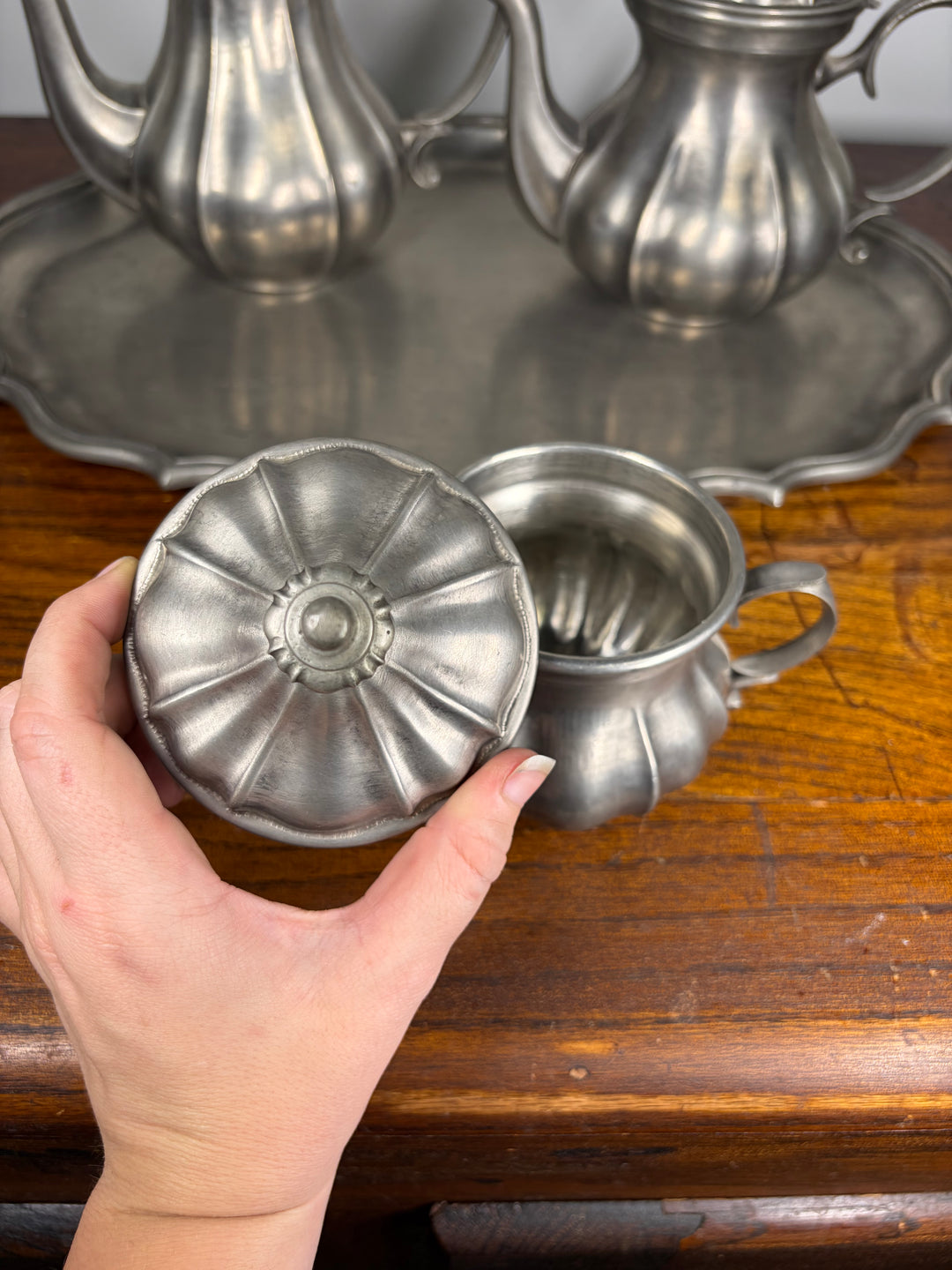 Pewter Tea Set on Tray (4 Pieces)