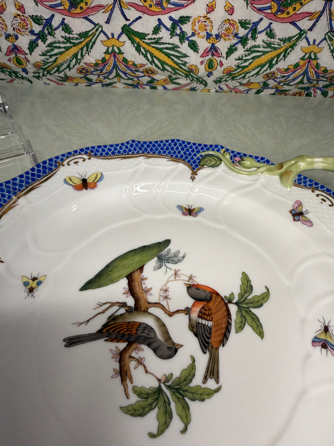 Hand-Painted Porcelain Two-Handled Cake Plate with Birds and Butterflies