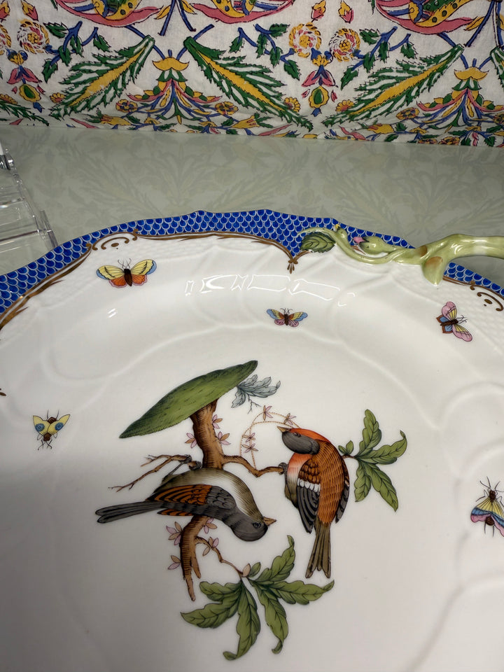 Hand-Painted Porcelain Two-Handled Cake Plate with Birds and Butterflies