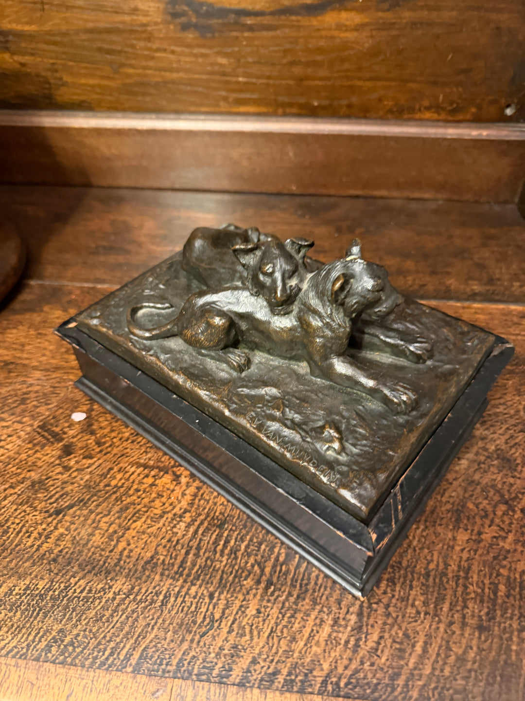 Bronze Sculpture of Lion Cubs by E.V. Van Mundent & Signature