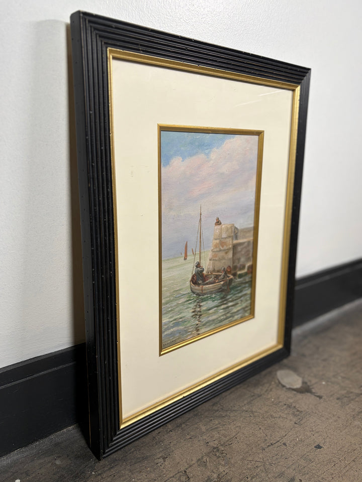 Framed Maritime Watercolor Painting of Fishing Boat at Harbor Wall