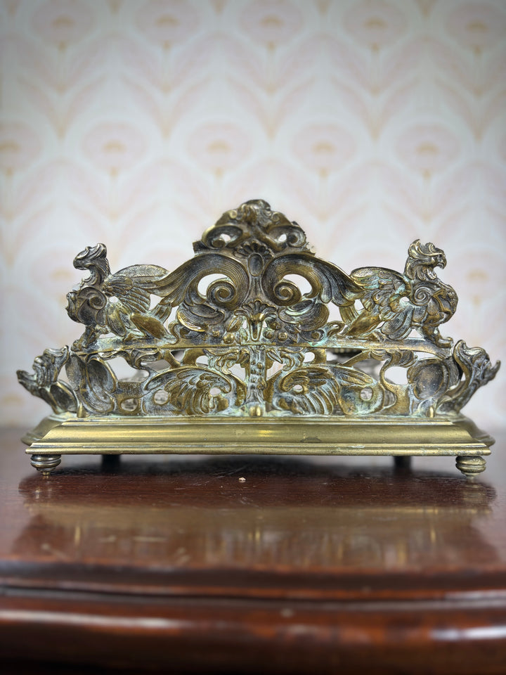 Ornate Gilt Brass Double Inkwell Desk Stand