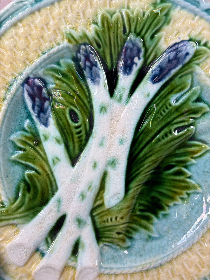 Set of Four Majolica Asparagus Plates with Sauce Well