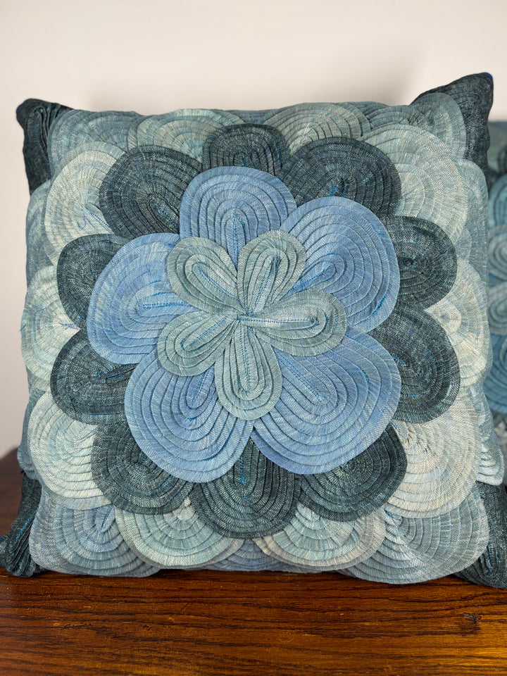 Pair of Blue Floral Embroidered Decorative Pillows