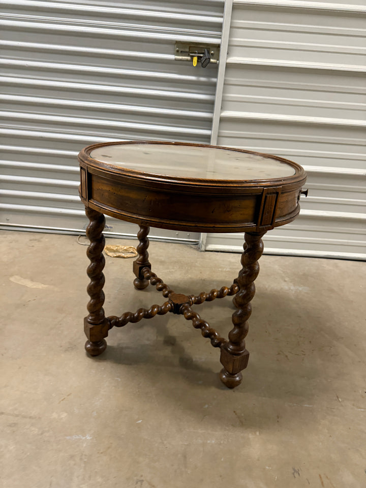 Baker Furniture English Barley Twist Oak and Burl Wood Tea Table