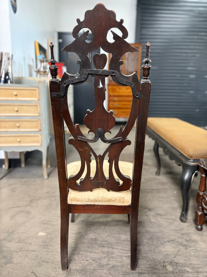 Ebonized Baroque-Style Carved Side Chair with Cream Damask Seat