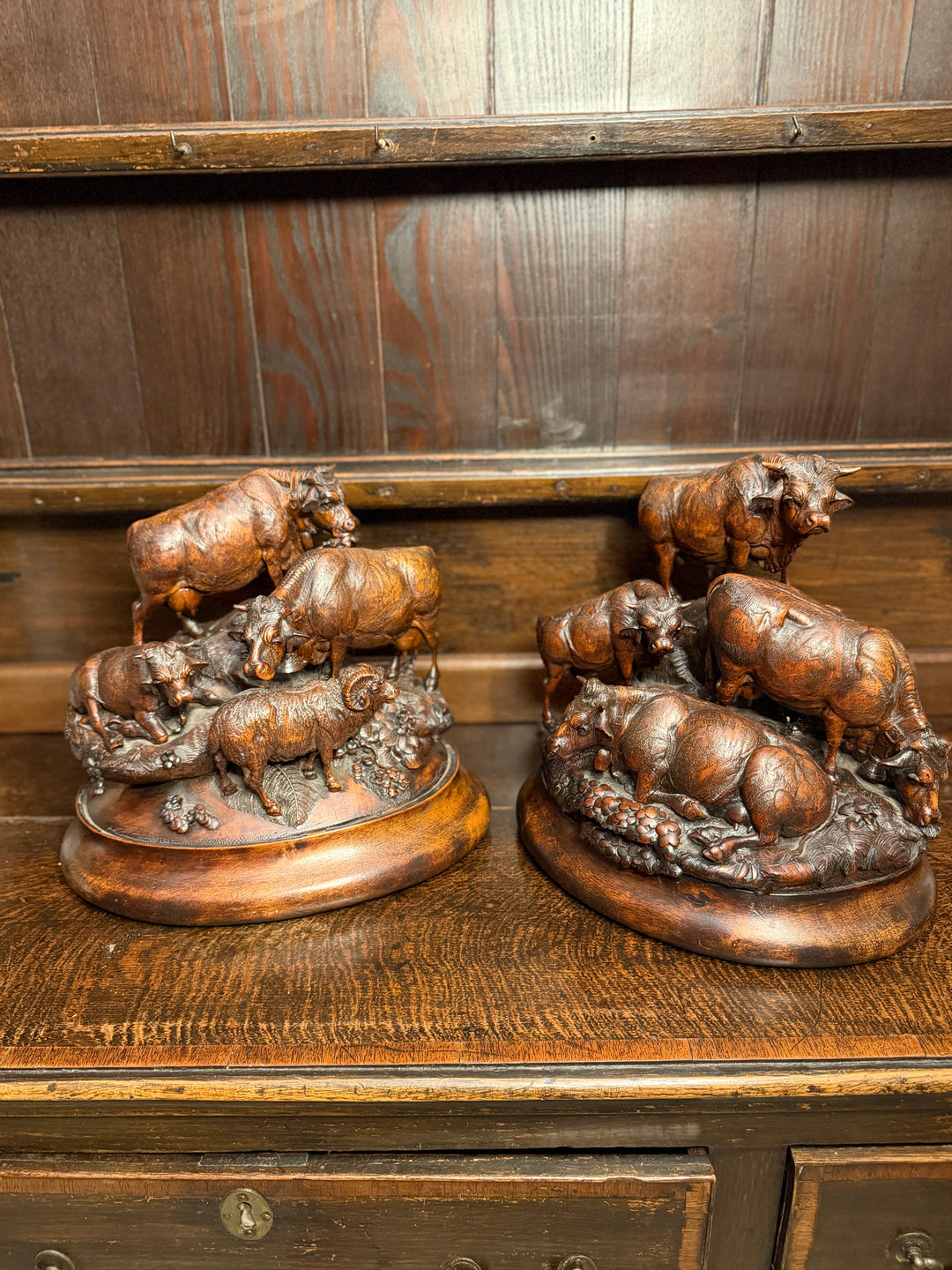 Pair of Black Forest Sculptures of Cattle Attributed to Johann Huggler of Brienz