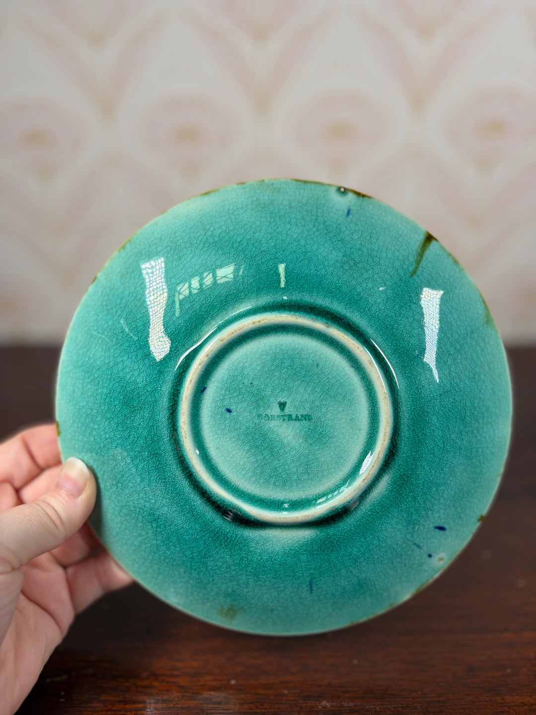Majolica-Style Glazed Ceramic Plate with Floral Medallion