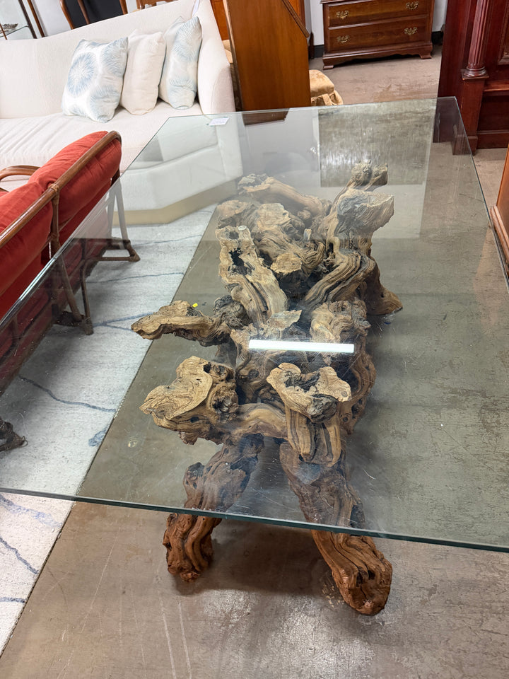 Vintage Glass-Topped Driftwood Coffee Table