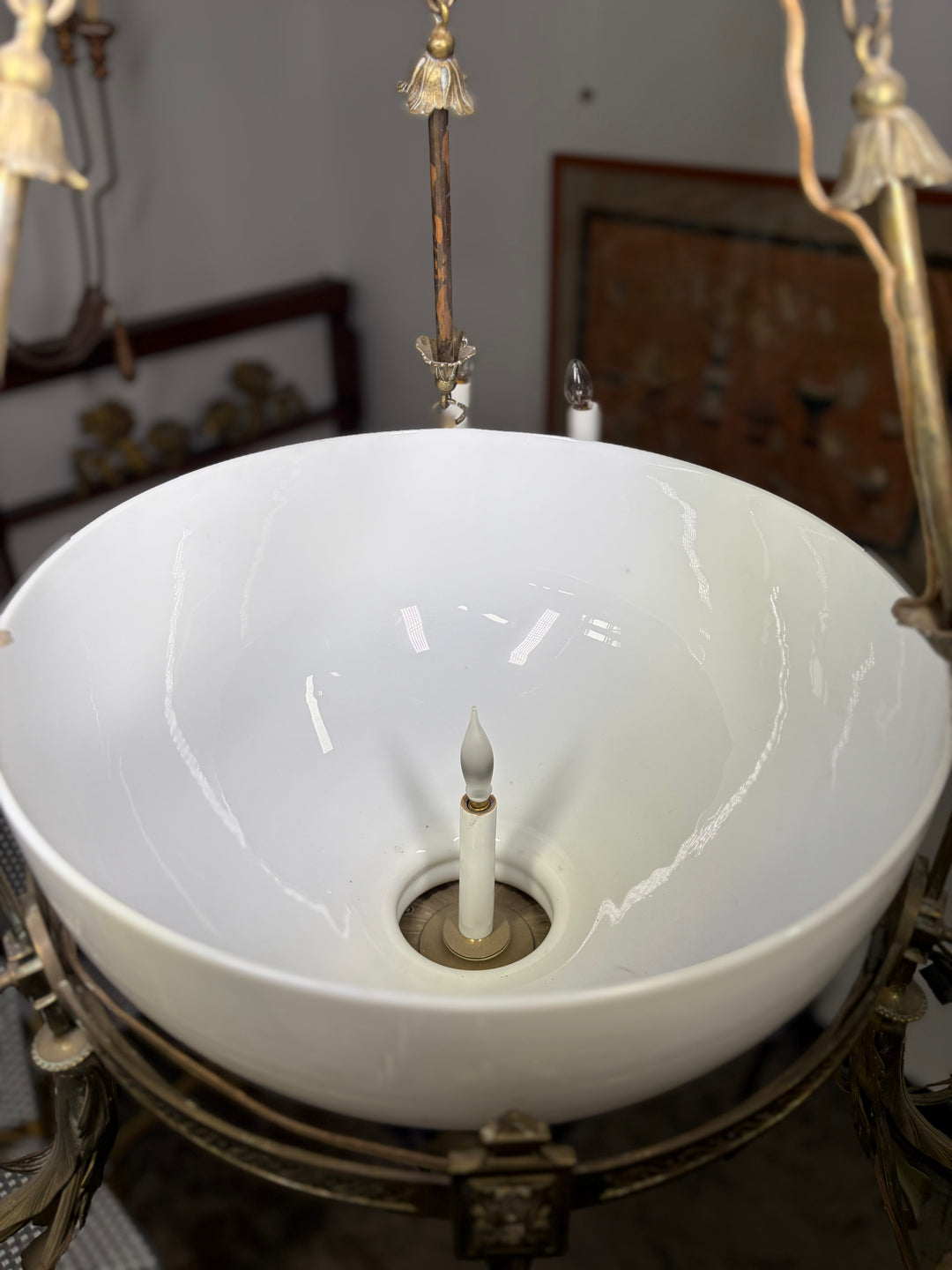 Neoclassical Brass and Cobalt Porcelain Chandelier with Opaline Glass Bowl