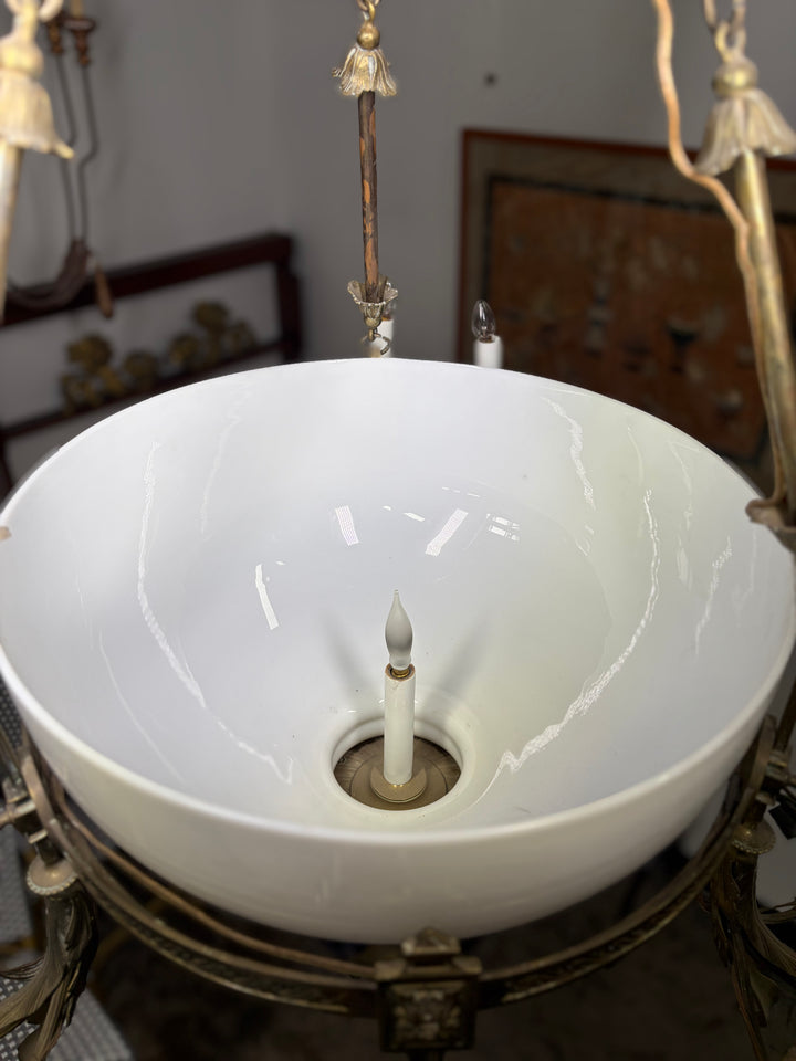 Neoclassical Brass and Cobalt Porcelain Chandelier with Opaline Glass Bowl
