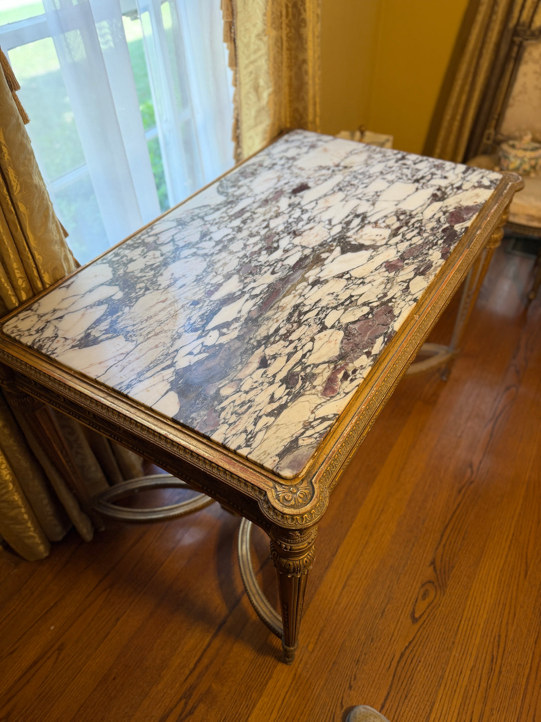 French Louis XVI Style Gilt Wood Marble Top Table