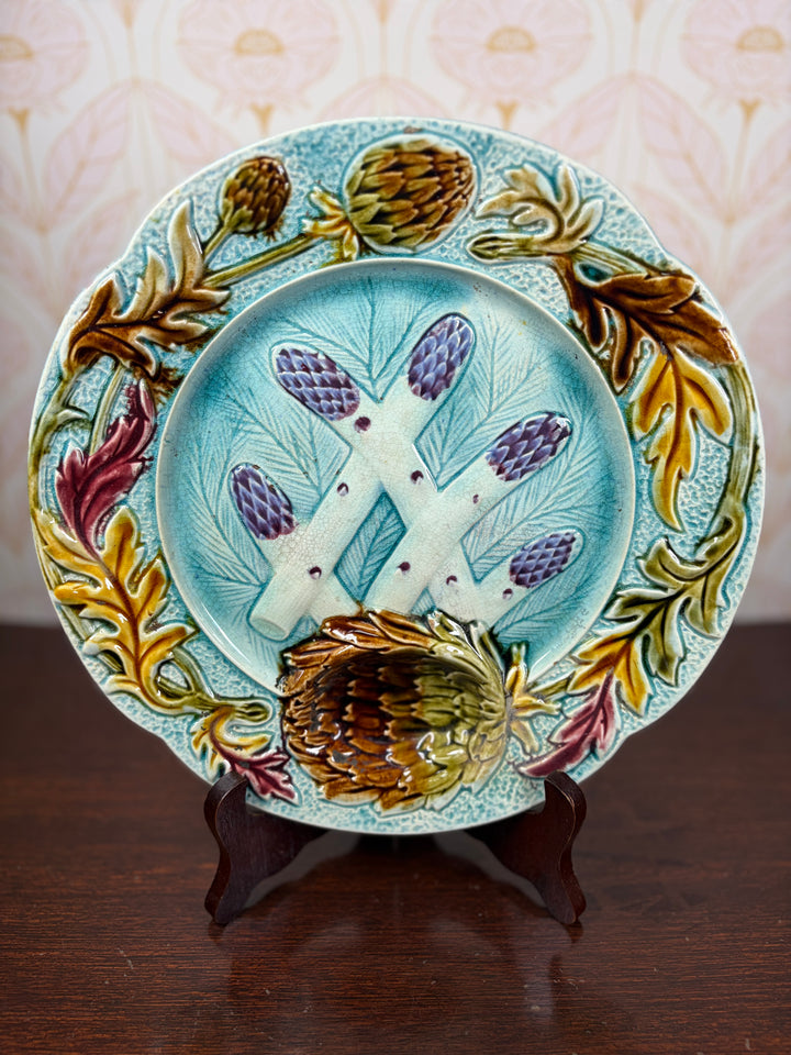 Majolica Asparagus and Artichoke Plate with Sauce Well