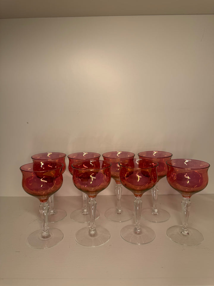 Vintage Cranberry Iridescent Glass Coupes - Set of 8