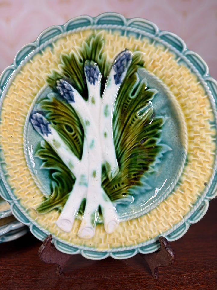 Set of Four Majolica Asparagus Plates with Sauce Well