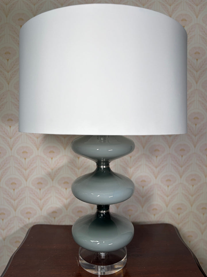Three-Tier Gray Ceramic Table Lamp with White Drum Shade