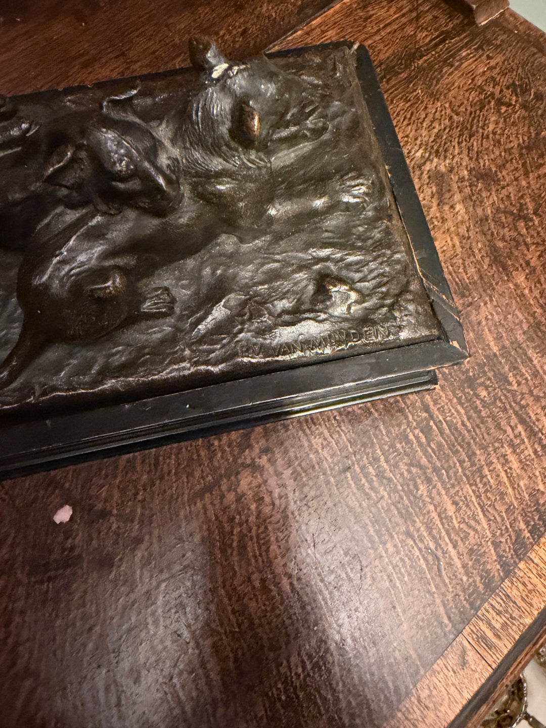 Bronze Sculpture of Lion Cubs by E.V. Van Mundent & Signature