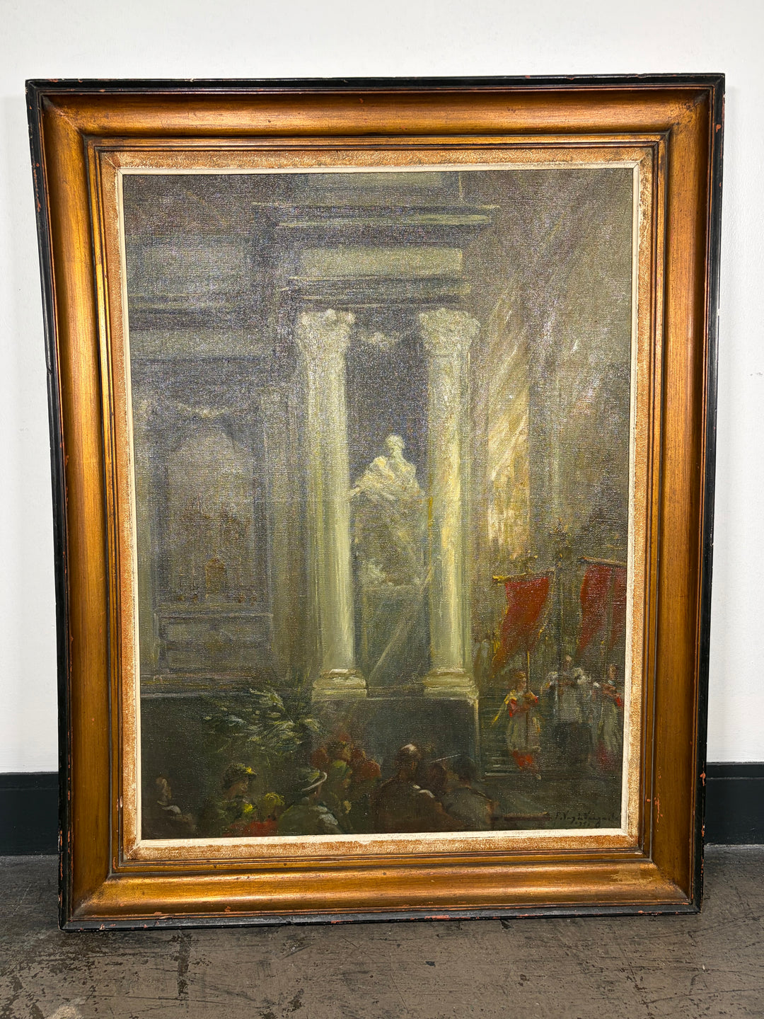 Framed Oil Painting of Church Interior with Columns