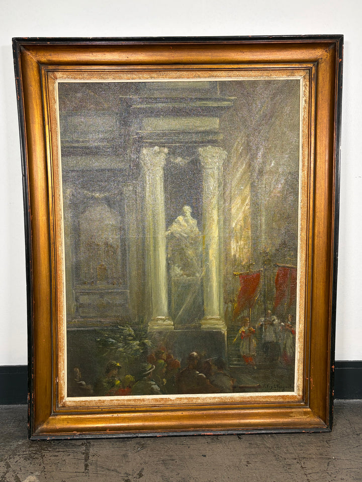 Framed Oil Painting of Church Interior with Columns