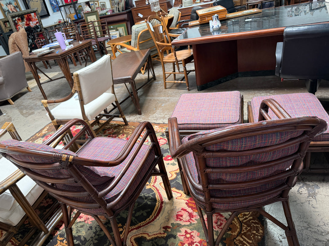 Set of 2 Vintage Bamboo and Rattan Chairs with Ottoman