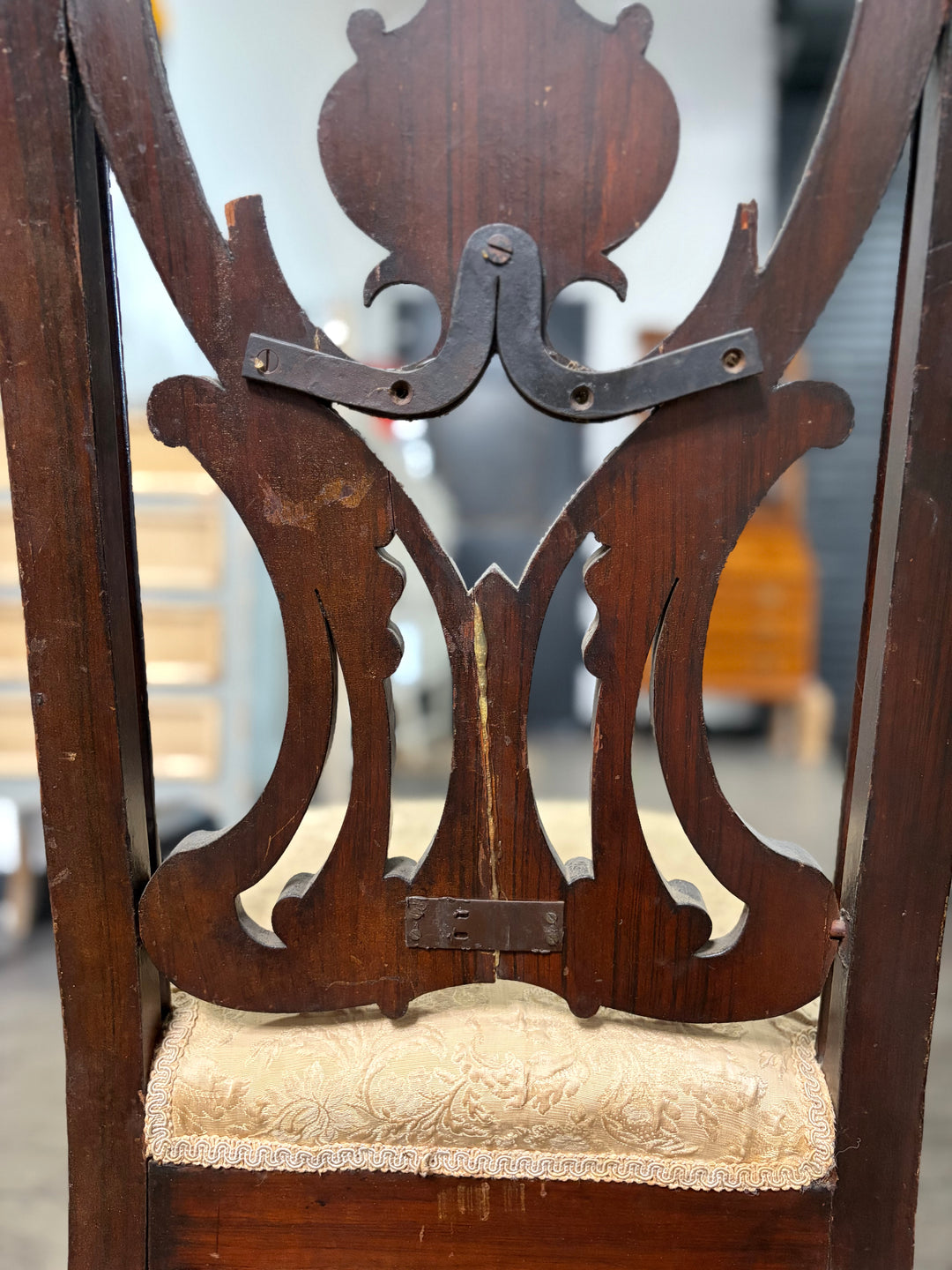 Ebonized Baroque-Style Carved Side Chair with Cream Damask Seat