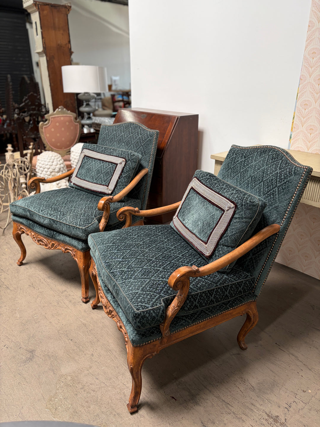Pair of French Provincial Carved Walnut Armchairs with Teal Velvet Upholstery