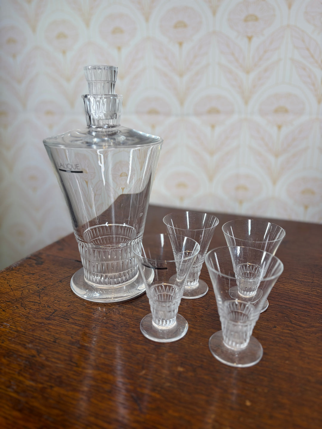 Lalique "Bourgueil" pattern crystal decanter and stopper and 4 Shot Glasses