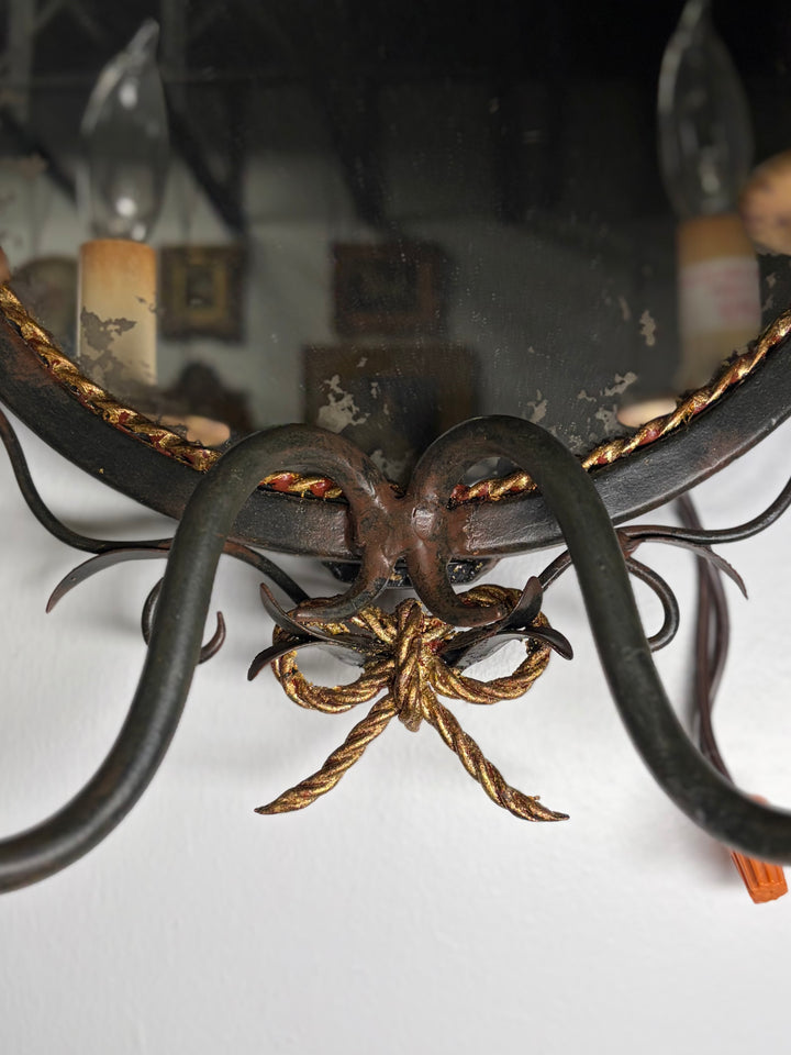 Vintage Two-Light Wall Sconce with Round Mirror and Decorative Ironwork
