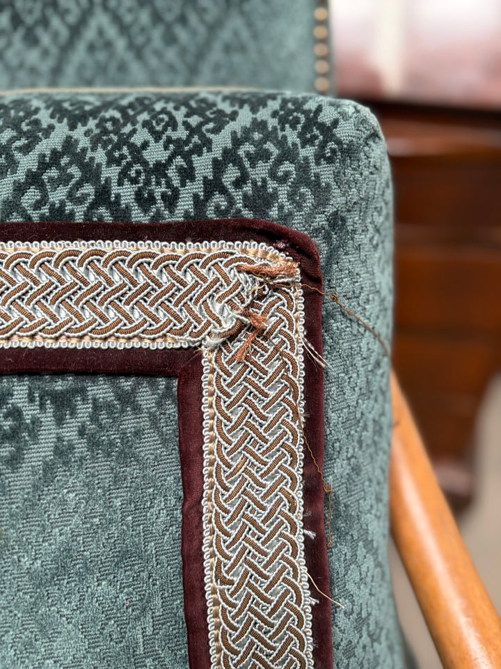 Pair of French Provincial Carved Walnut Armchairs with Teal Velvet Upholstery