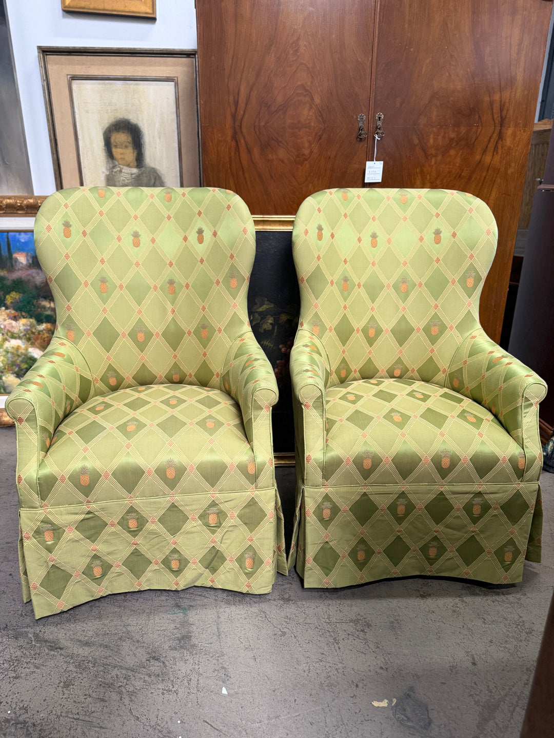 Pair of Green Upholstered Arm Chairs with Pineapple/Green Fabric