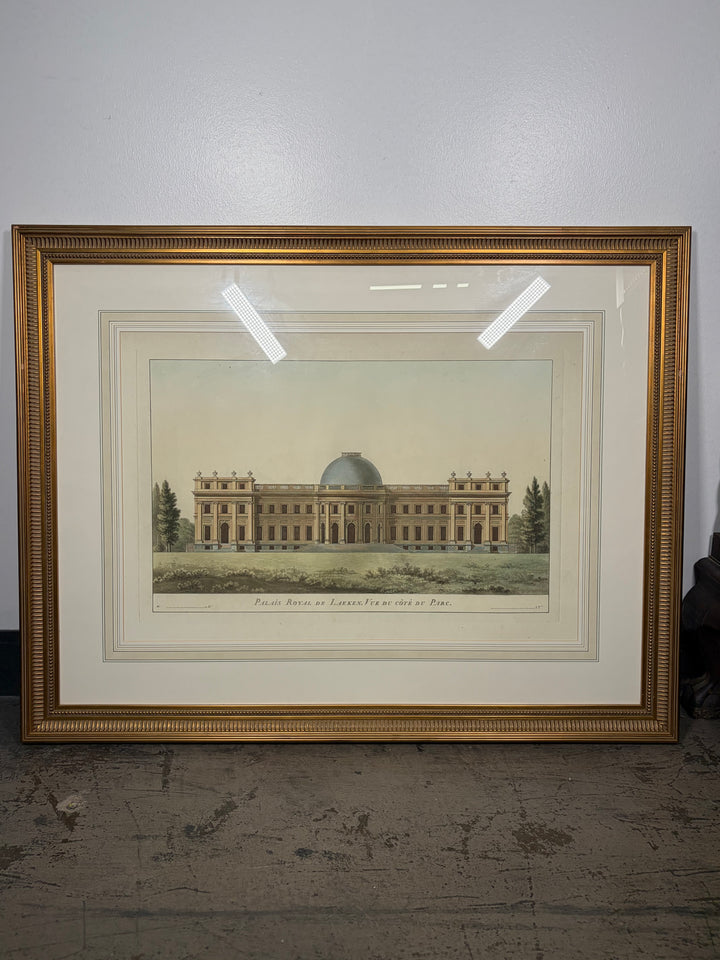 Framed Hand-Colored Engraving 'Palais Royal de Laeken, Vue du côté du Parc'