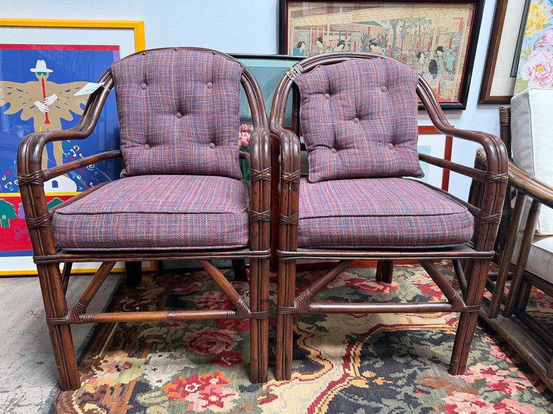 Set of 2 Vintage Bamboo and Rattan Chairs with Ottoman