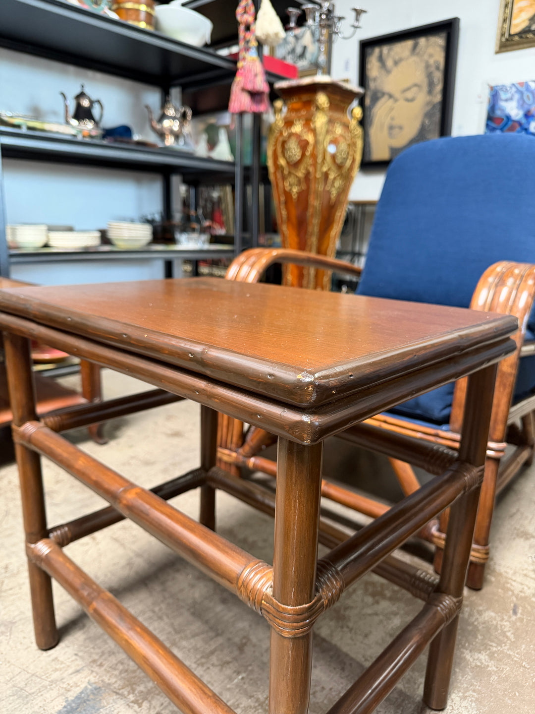 Set of 2 Vintage Rattan and Bamboo Tables
