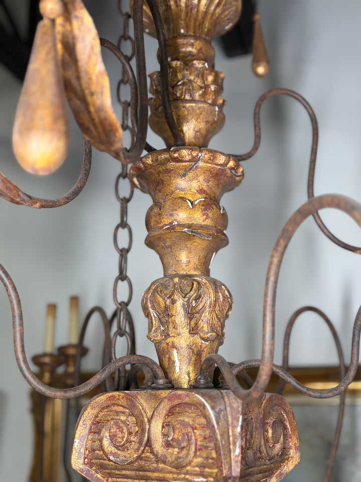 Large Gold Multi-Arm Chandelier with Carved Column