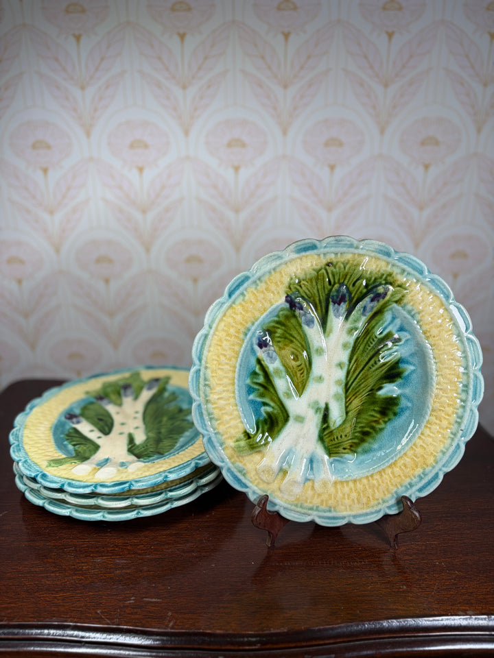 Set of Four Majolica Asparagus Plates with Sauce Well
