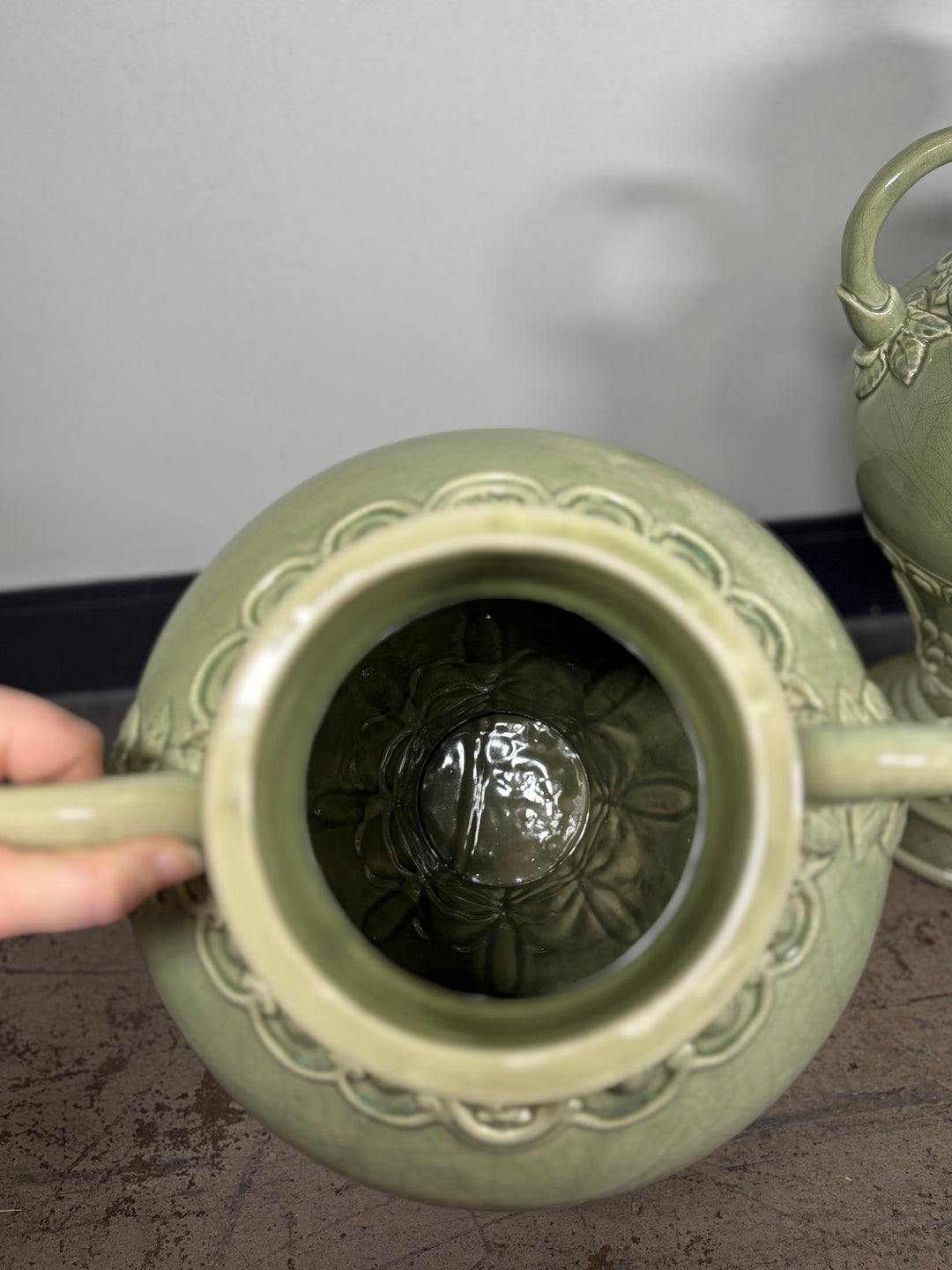 Pair of Celadon Green Ceramic Lidded Urns with Handles