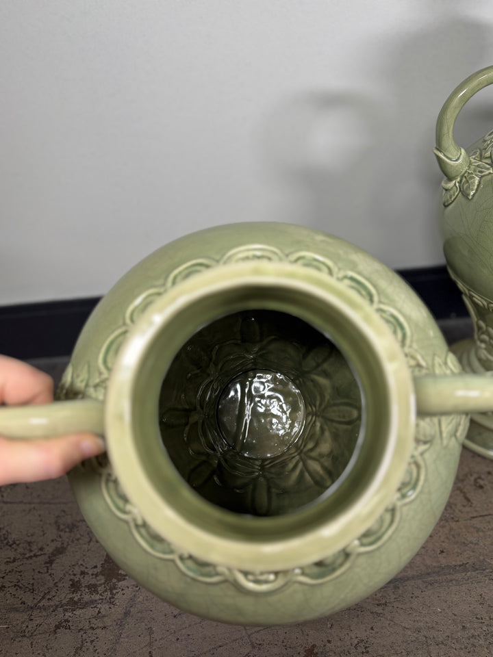 Pair of Celadon Green Ceramic Lidded Urns with Handles