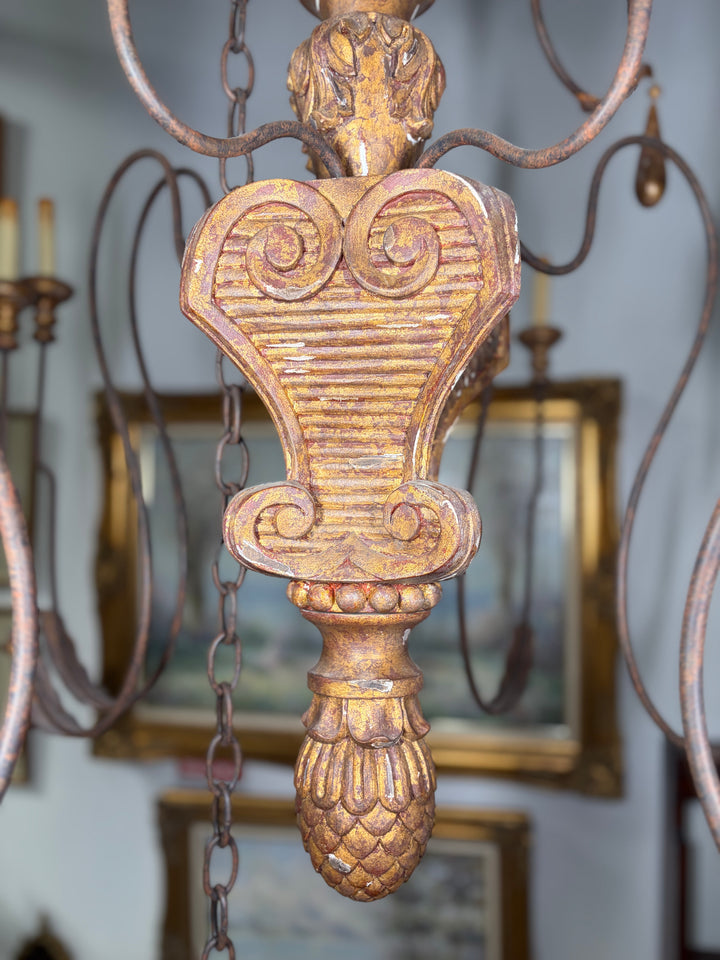 Large Gold Multi-Arm Chandelier with Carved Column