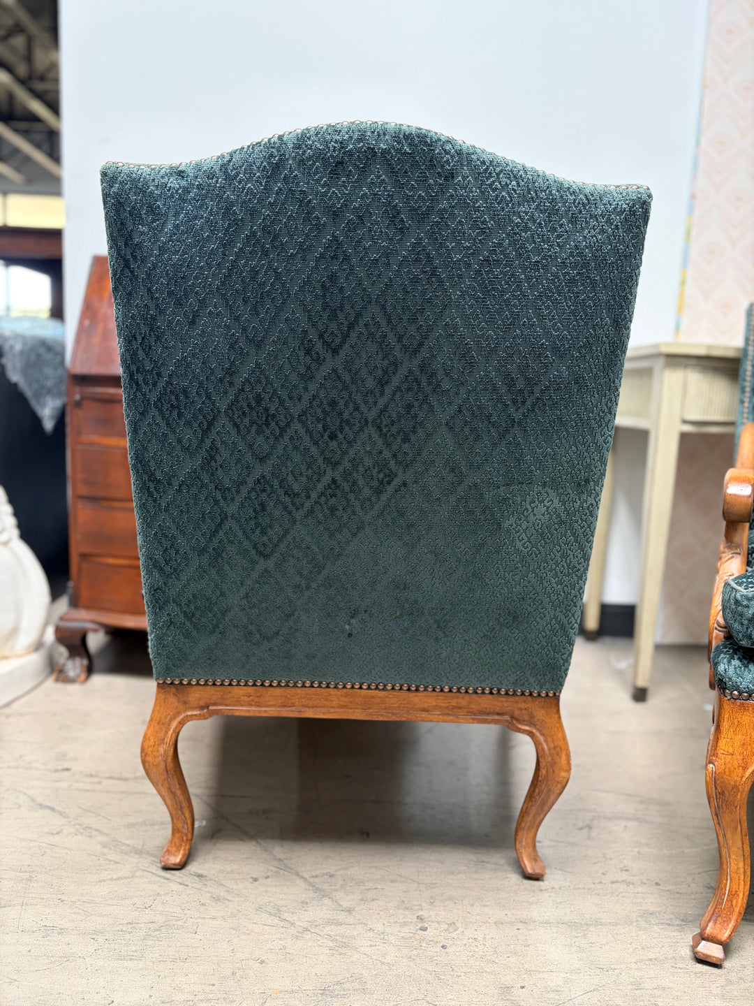 Pair of French Provincial Carved Walnut Armchairs with Teal Velvet Upholstery