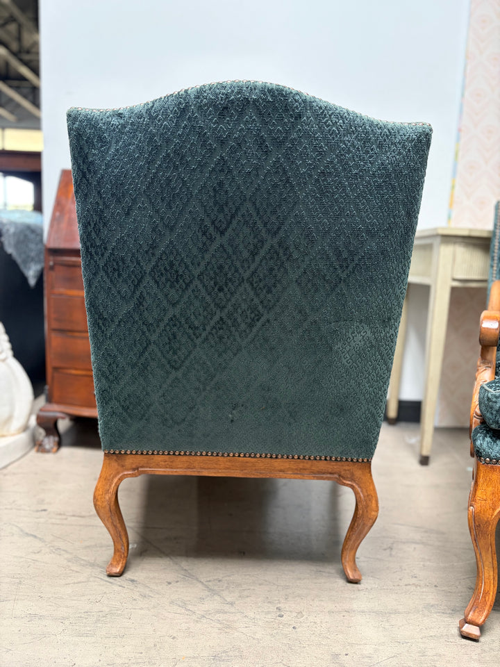 Pair of French Provincial Carved Walnut Armchairs with Teal Velvet Upholstery