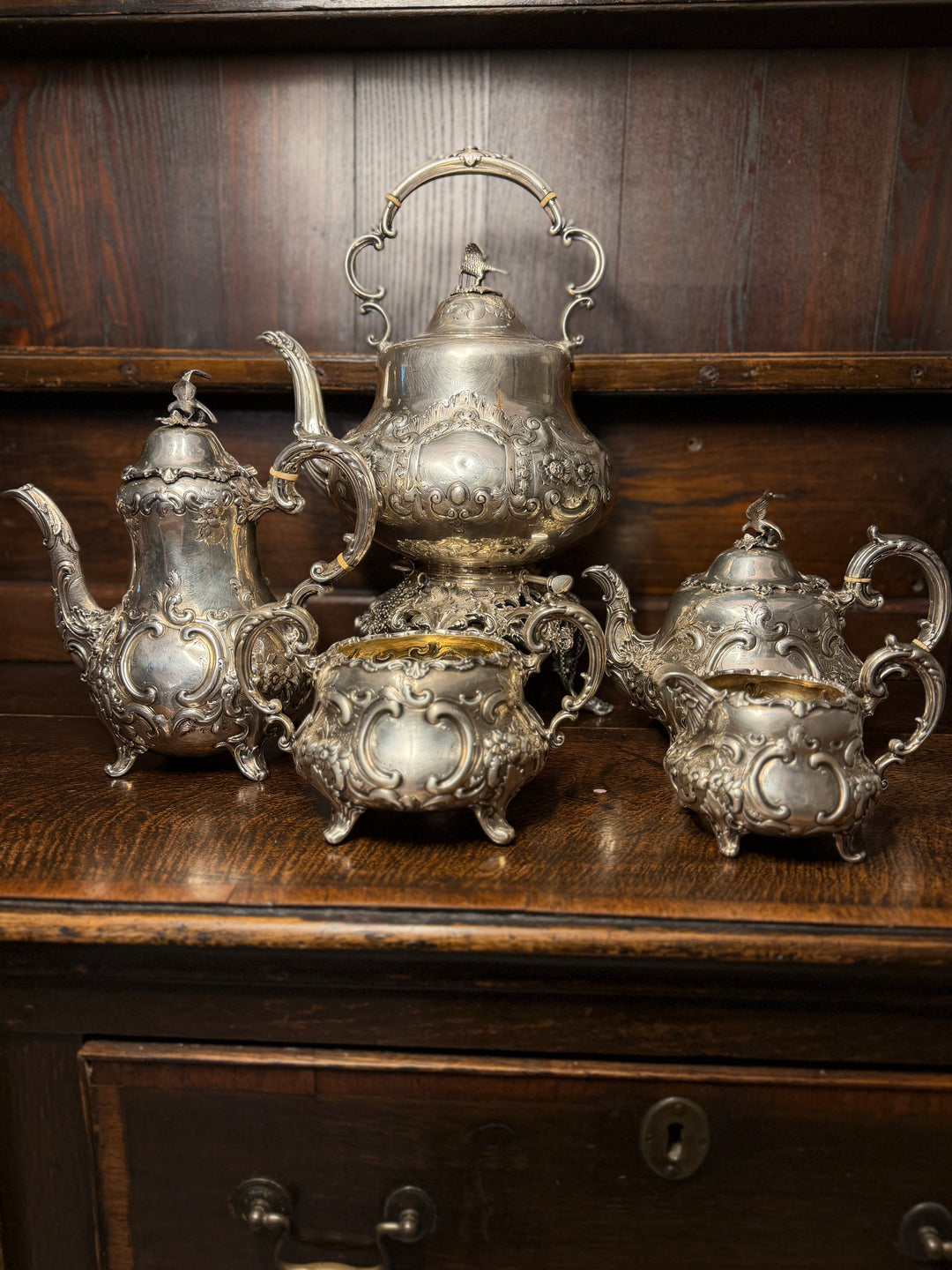 English Victorian Sterling Silver Tea & Coffee Service, Louis XV Pattern