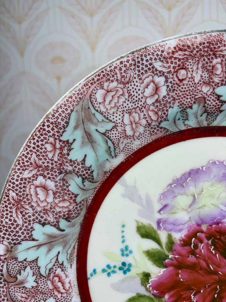 Floral Transferware Decorative Wall Plate with Hand-Painted Rose Center
