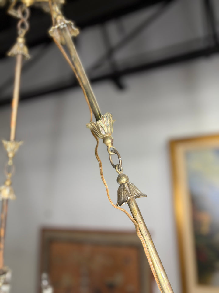 Neoclassical Brass and Cobalt Porcelain Chandelier with Opaline Glass Bowl