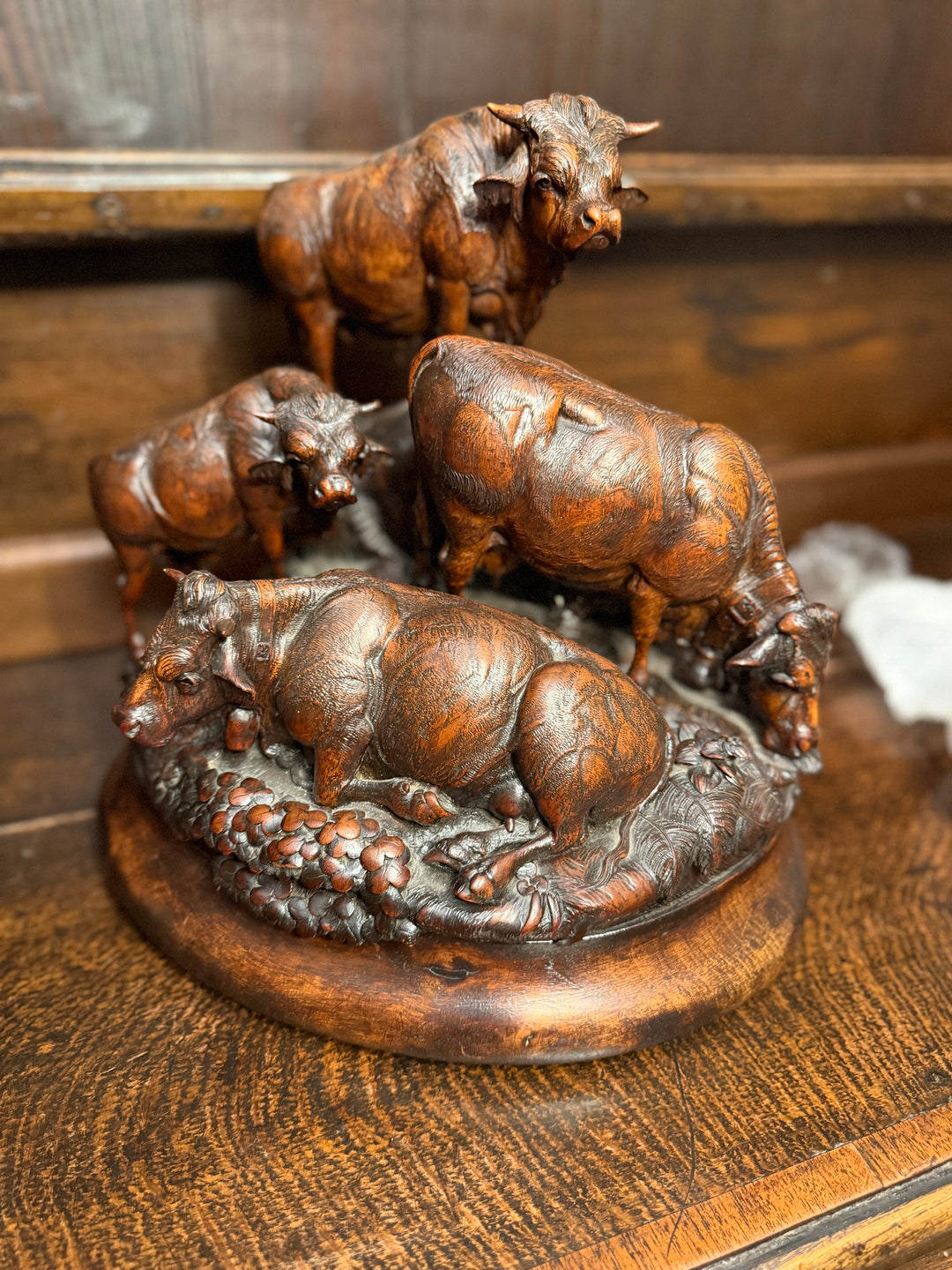 Pair of Black Forest Sculptures of Cattle Attributed to Johann Huggler of Brienz