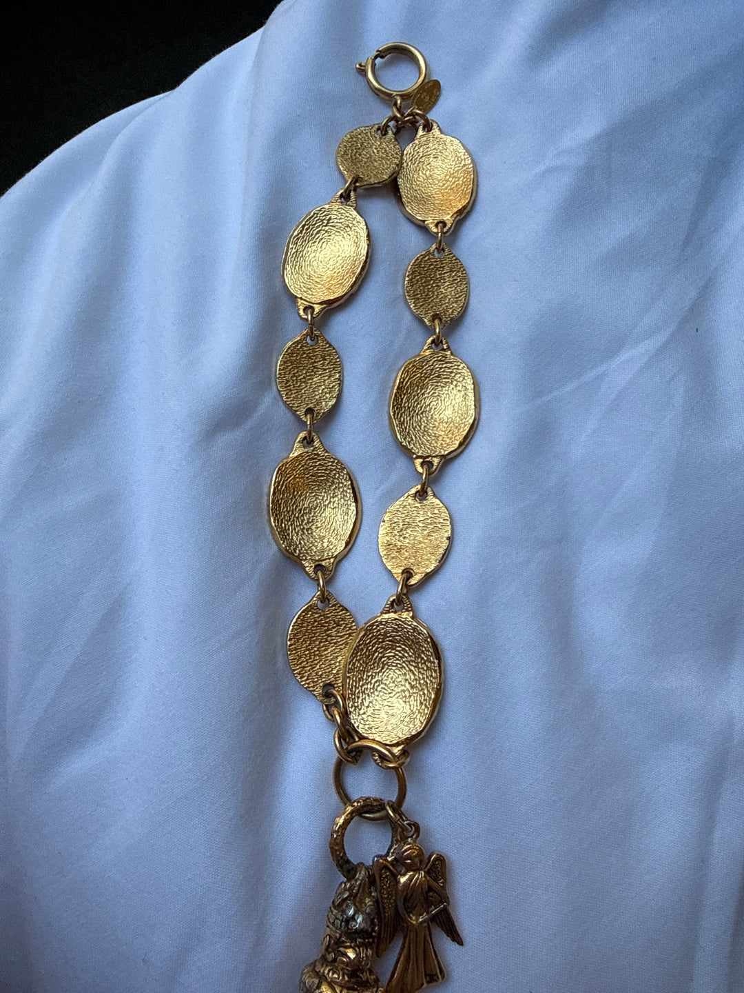 1990s Vintage CC Crown Chanel Bracelet with Angel and CC Charm - 24K Gold (Patina - Mainly on Charms)