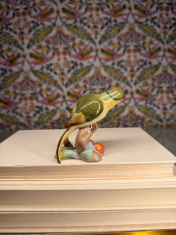 Herend Porcelain Bird Figurine on Branch with Berries