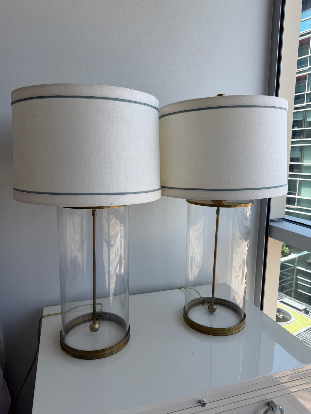 Pair of Glass Cylinder & Brass Table Lamps with Drum Shades