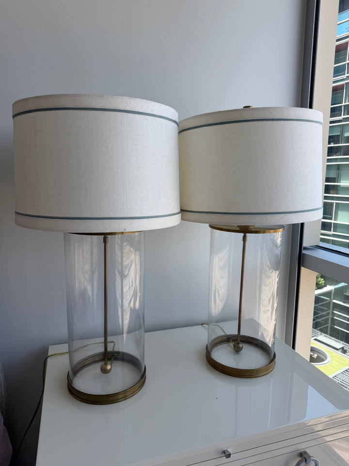 Pair of Glass Cylinder & Brass Table Lamps with Drum Shades