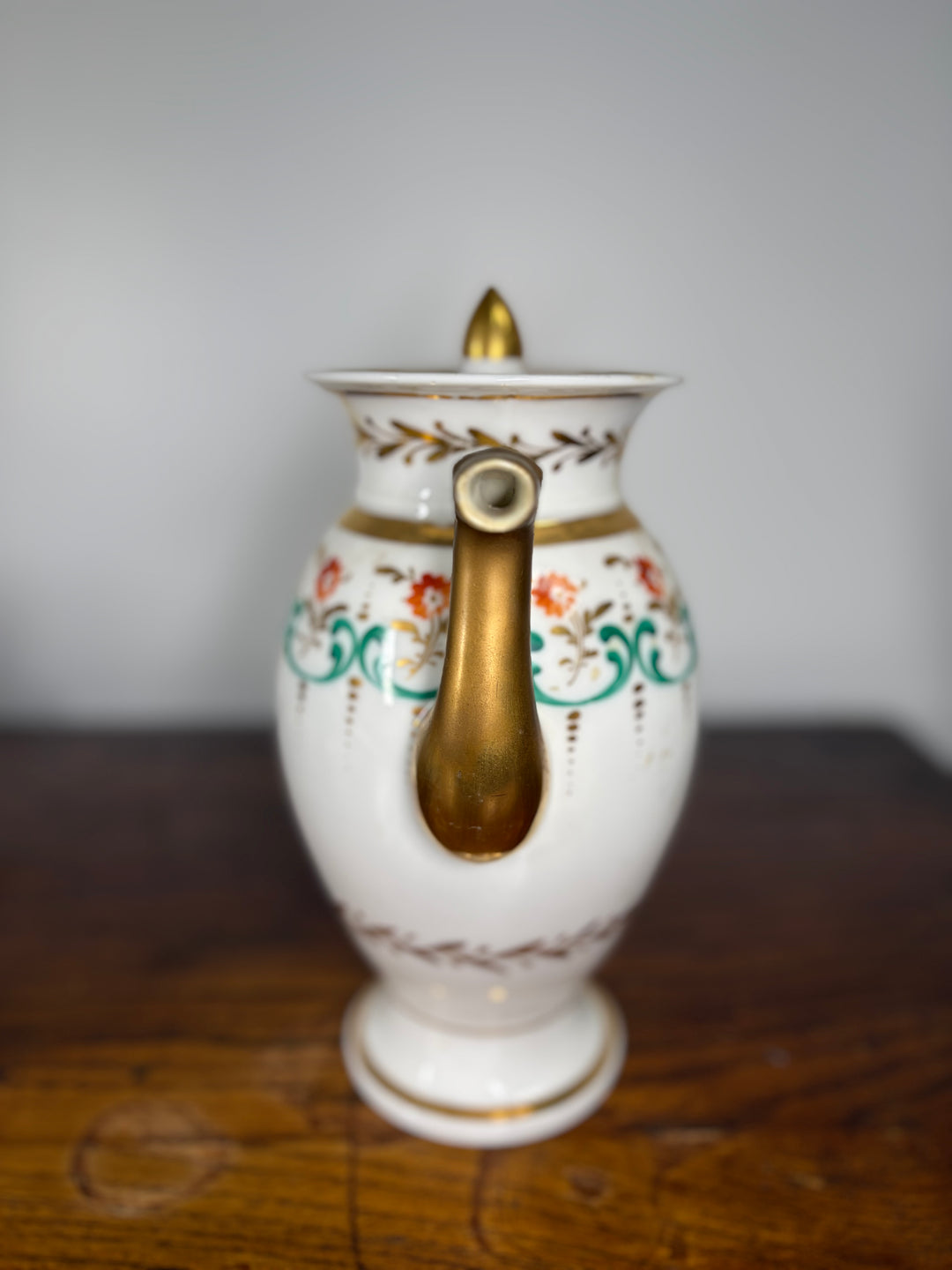 Antique Porcelain Tea/Coffee Service Set with Green Scrollwork & Gilt Decoration